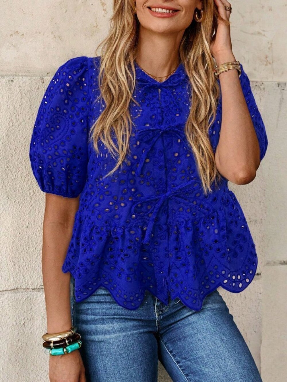 Blue Elegant Women's Tie-Front Puff Sleeve Embroidered Blouse - Picture 3 of 6